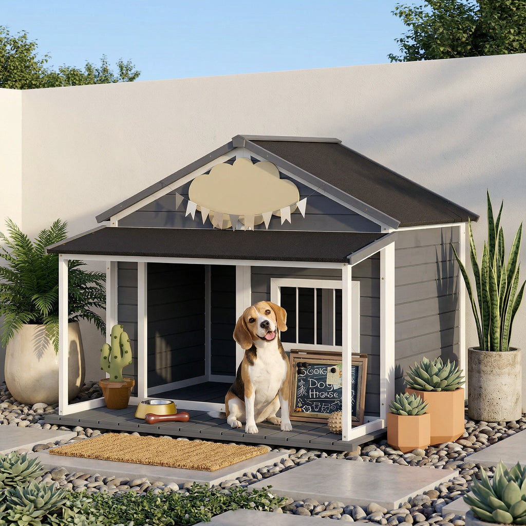 PawHut Wooden Dog House, Small Animal House, Dog House with Outdoor Deck