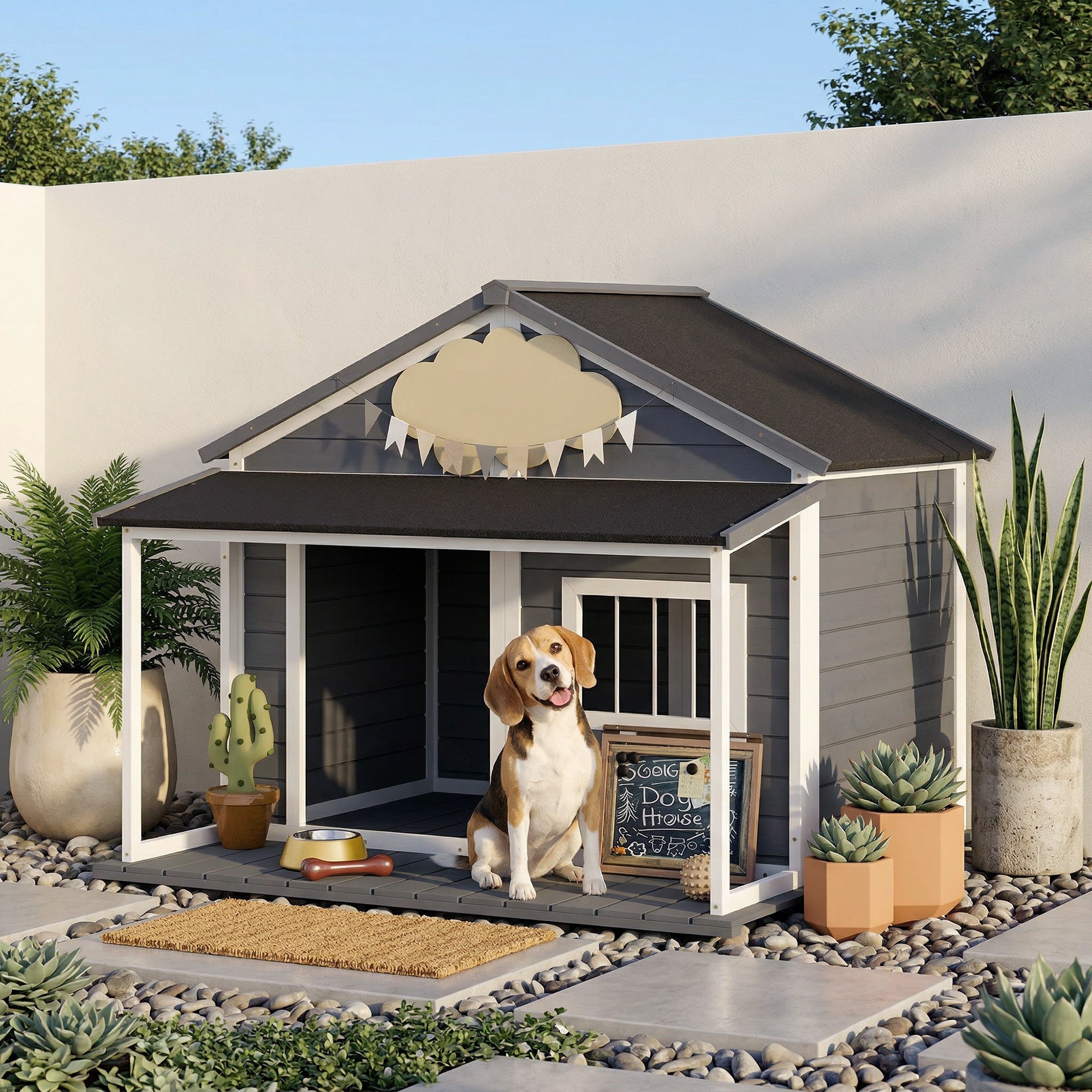 PawHut Wooden Dog House, Small Animal House, Dog House with Outdoor Deck